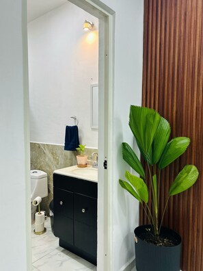 Séchoir à cheveux, serviettes fournies, savon, papier de toilette