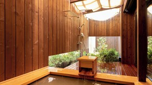 Et træspa med jacuzzi, træterrasse og udsigt til grøn natur.