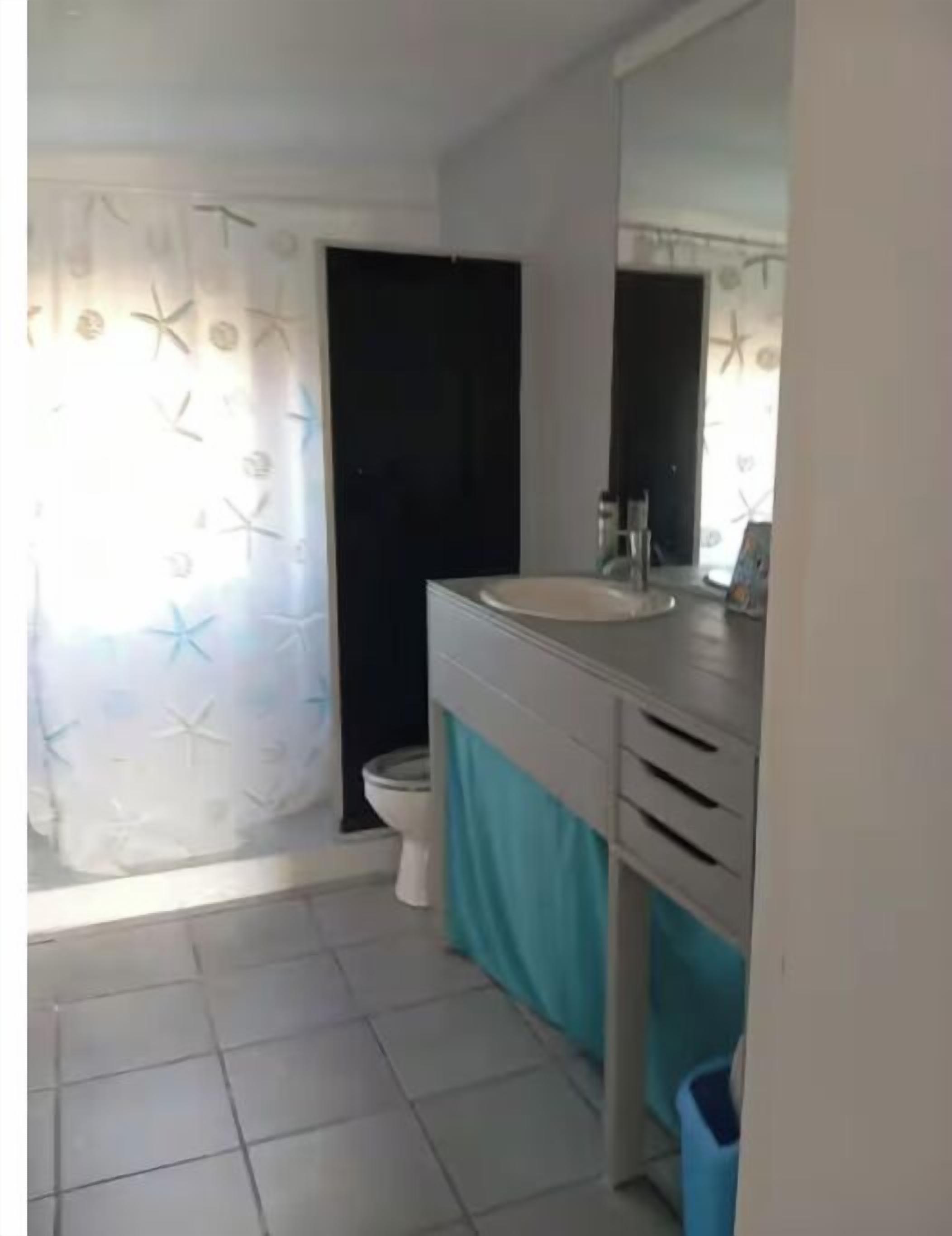 Et badeværelse med en hvid vask, et spejl og et toilet.