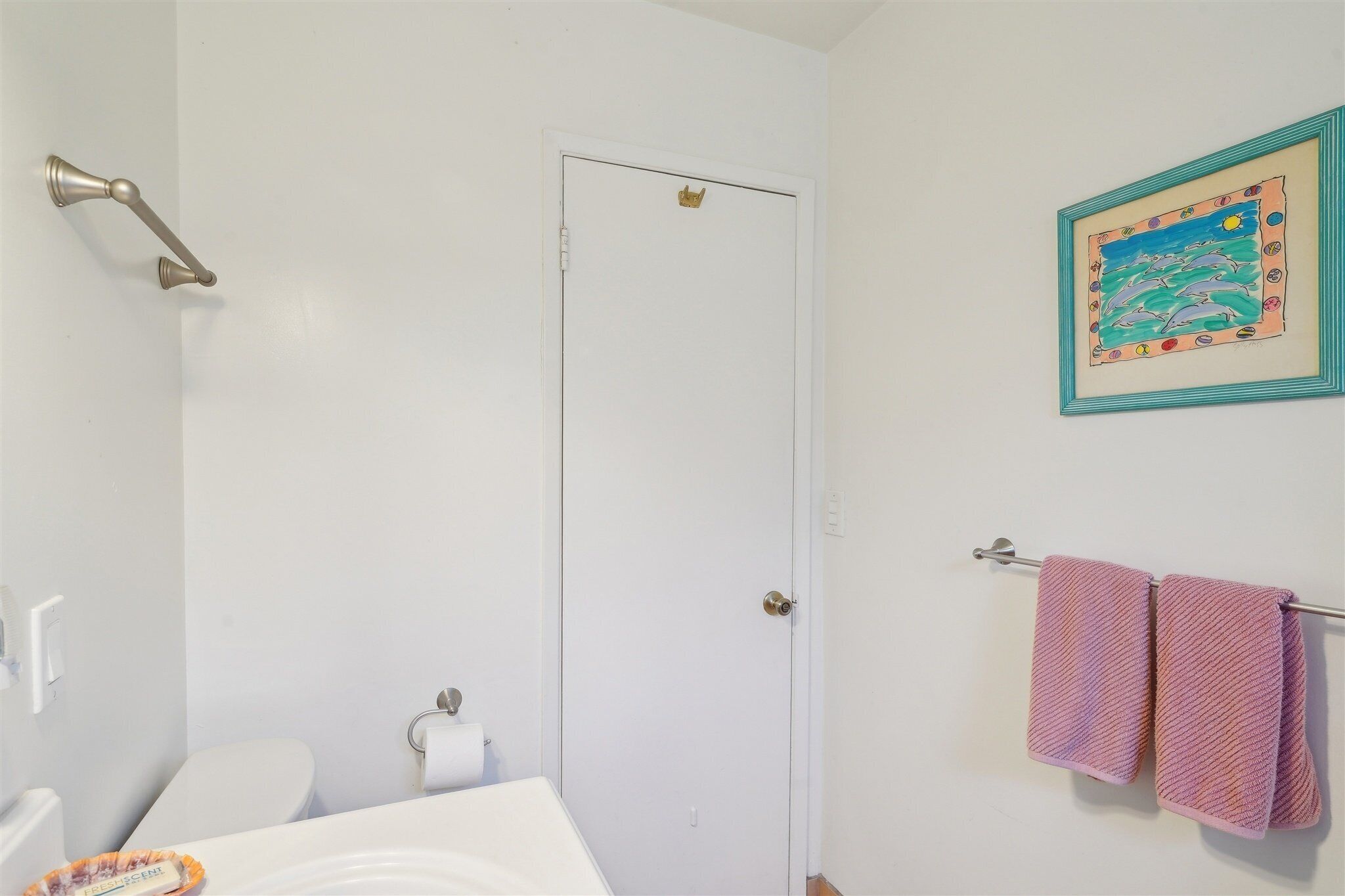 Une salle de bain avec une porte blanche, un porte-serviettes avec des serviettes roses, un tableau encadré au mur et un porte-rouleau de papier toilette.