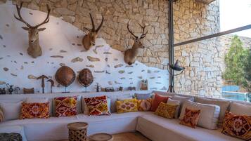Une pièce avec un mur en pierre, des têtes d’animaux empaillées accrochées au mur et un canapé agrémenté de coussins à motifs.