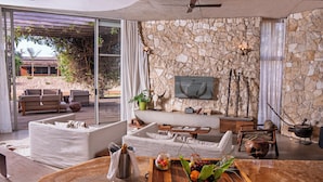 A modern living room with a stone wall, a fireplace, and a dining area with a fruit tray. - Casa del Toro Luxury Ranch (Nguekhokhe)