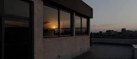 Enjoy expansive city views from the large windows of this modern building.