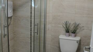 A modern bathroom with a glass-enclosed shower, a toilet, and two potted plants on the toilet tank.
