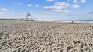 A sandy beach with footprints, a fence, and a tree.