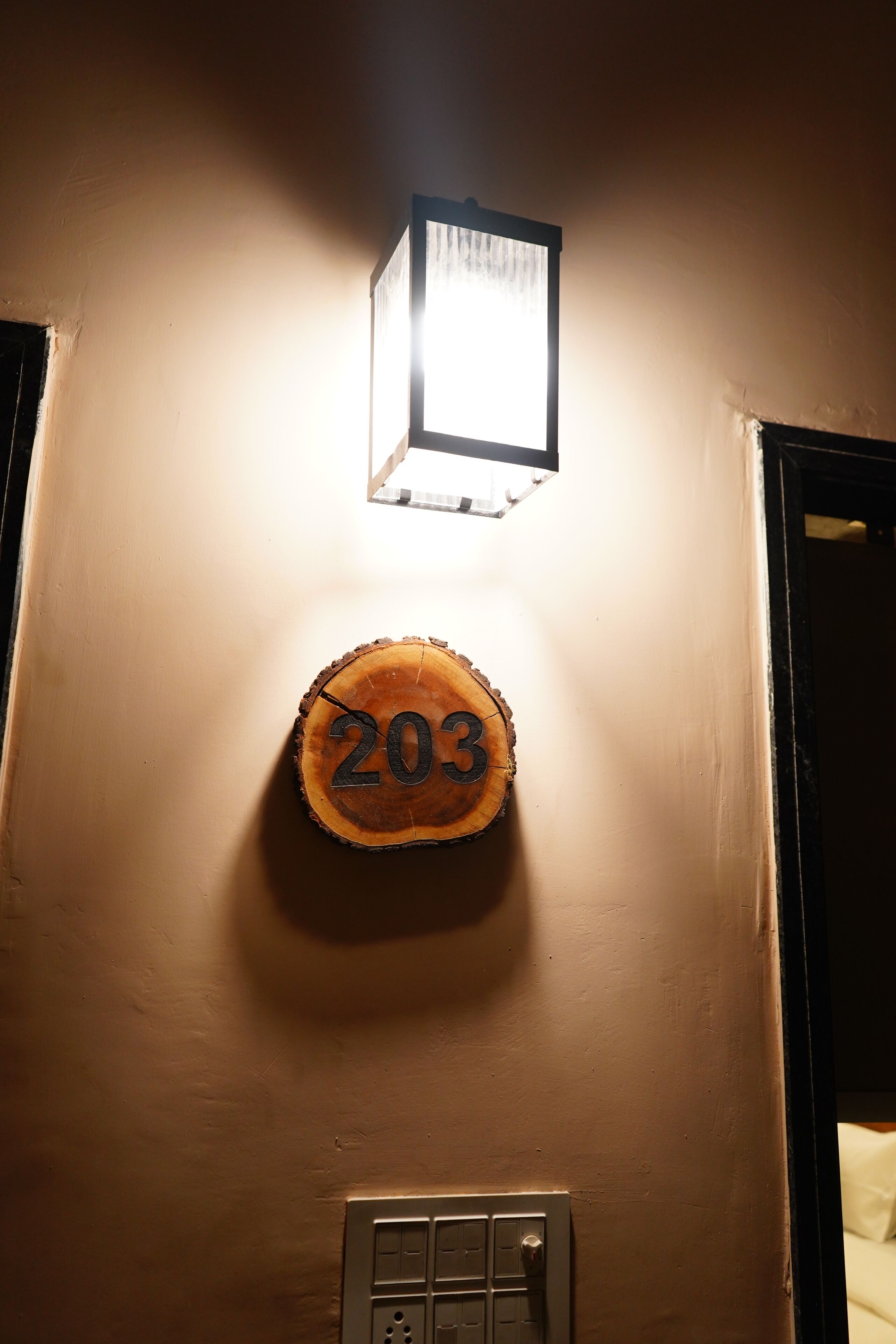 Un luminaire fixé au mur, au-dessus d’une plaque en bois portant le numéro « 203 », et un interrupteur mural en dessous.