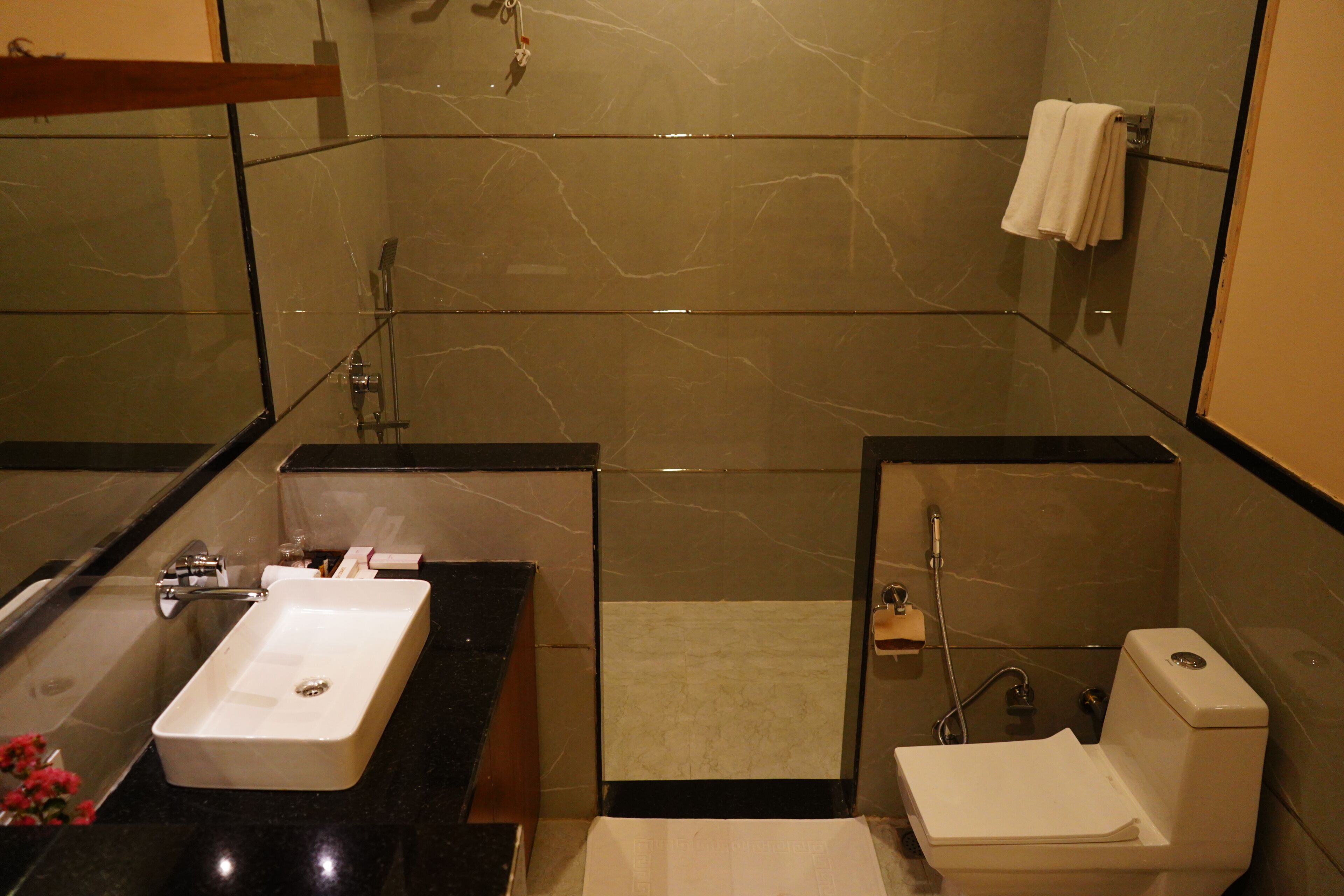 A modern bathroom with a rectangular sink, a toilet, and a glass-enclosed shower area.