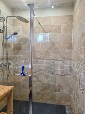 Shower, hair dryer, toilet paper