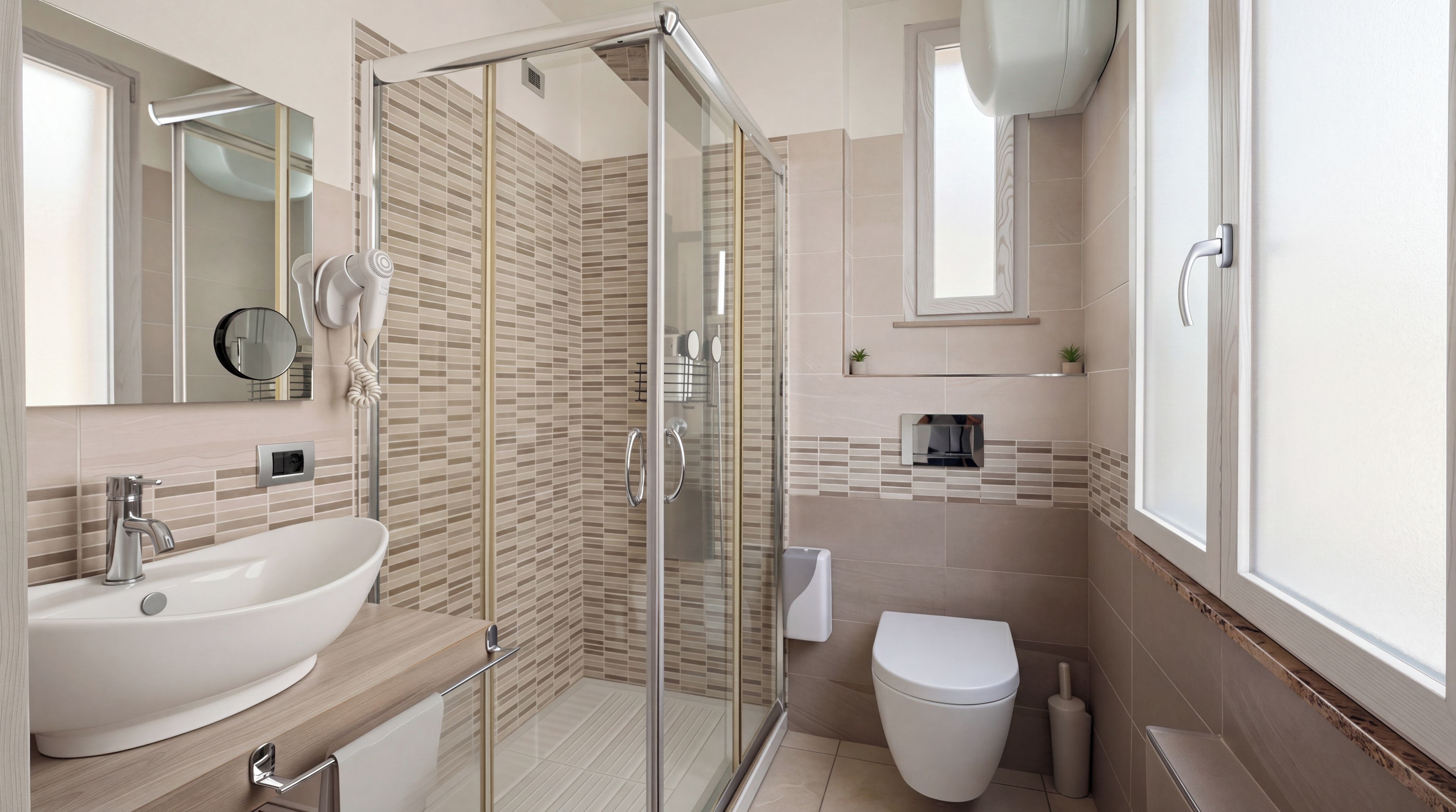 Un baño moderno con ducha envuelta en vidrio, lavamanos y retrete.
