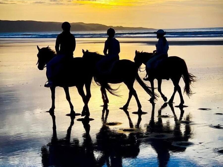 Les silhouettes de trois personnes à cheval sur une plage au coucher du soleil.