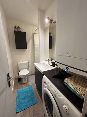 Shower, hair dryer, towels