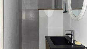 A bathroom with a shower, a sink, and a mirror. - Lodging for the 24h of Le Mans week in the historic city center. (Le Mans)