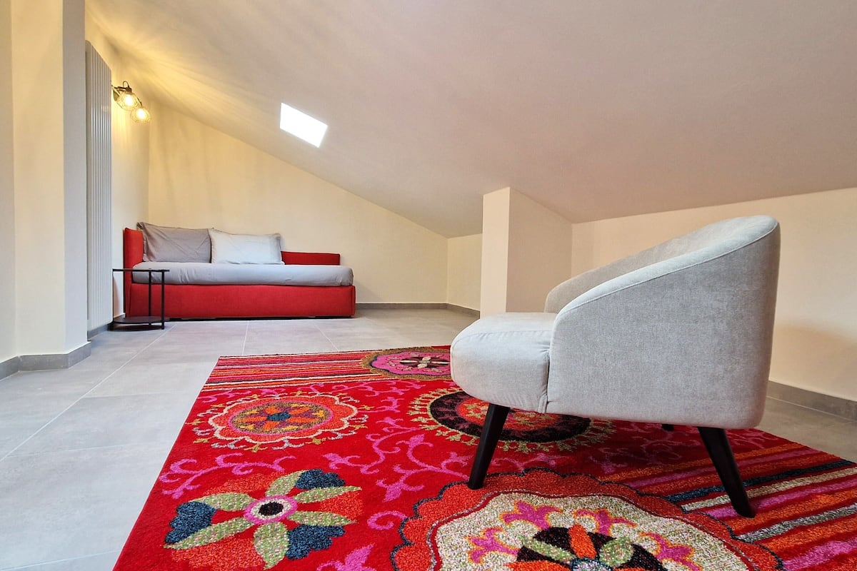A modern living room with a red sofa, a grey armchair, and a colorful rug.