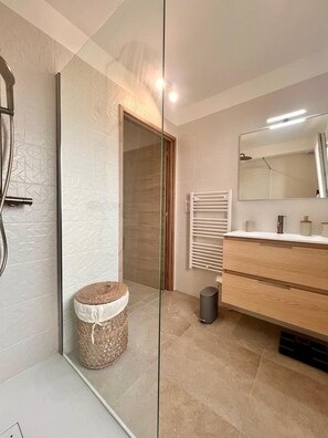 Shower, hair dryer, towels