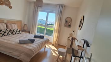 1 bedroom, desk, iron/ironing board, travel cot