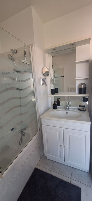 Hair dryer, towels, soap, toilet paper