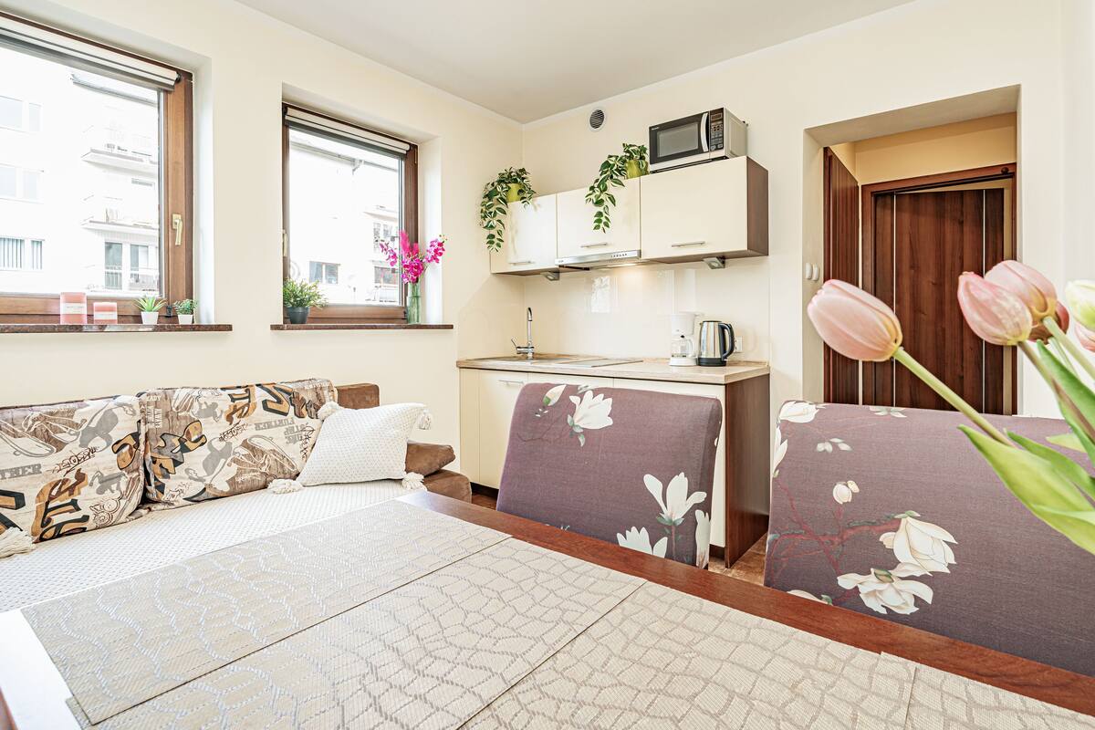 A compact living space with a sofa, a small kitchenette, a dining area, and a view of the street.