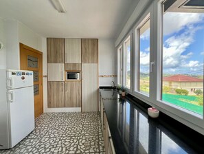 Fridge, microwave, oven, coffee/tea maker