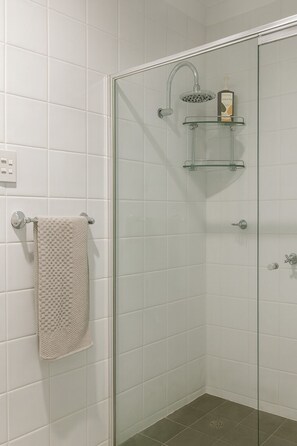 Shower, towels, toilet paper