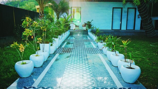 A pathway lined with potted plants leading to a building with a blue exterior and a tiled floor.