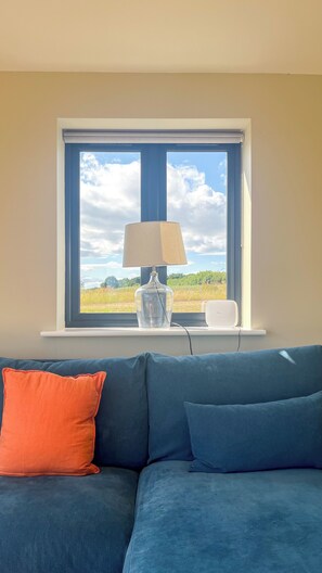 Smart-tv, een open haard en boeken