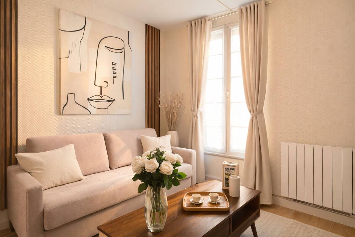 A living room with a sofa, a coffee table with a vase of flowers, a painting on the wall, and a window with curtains.