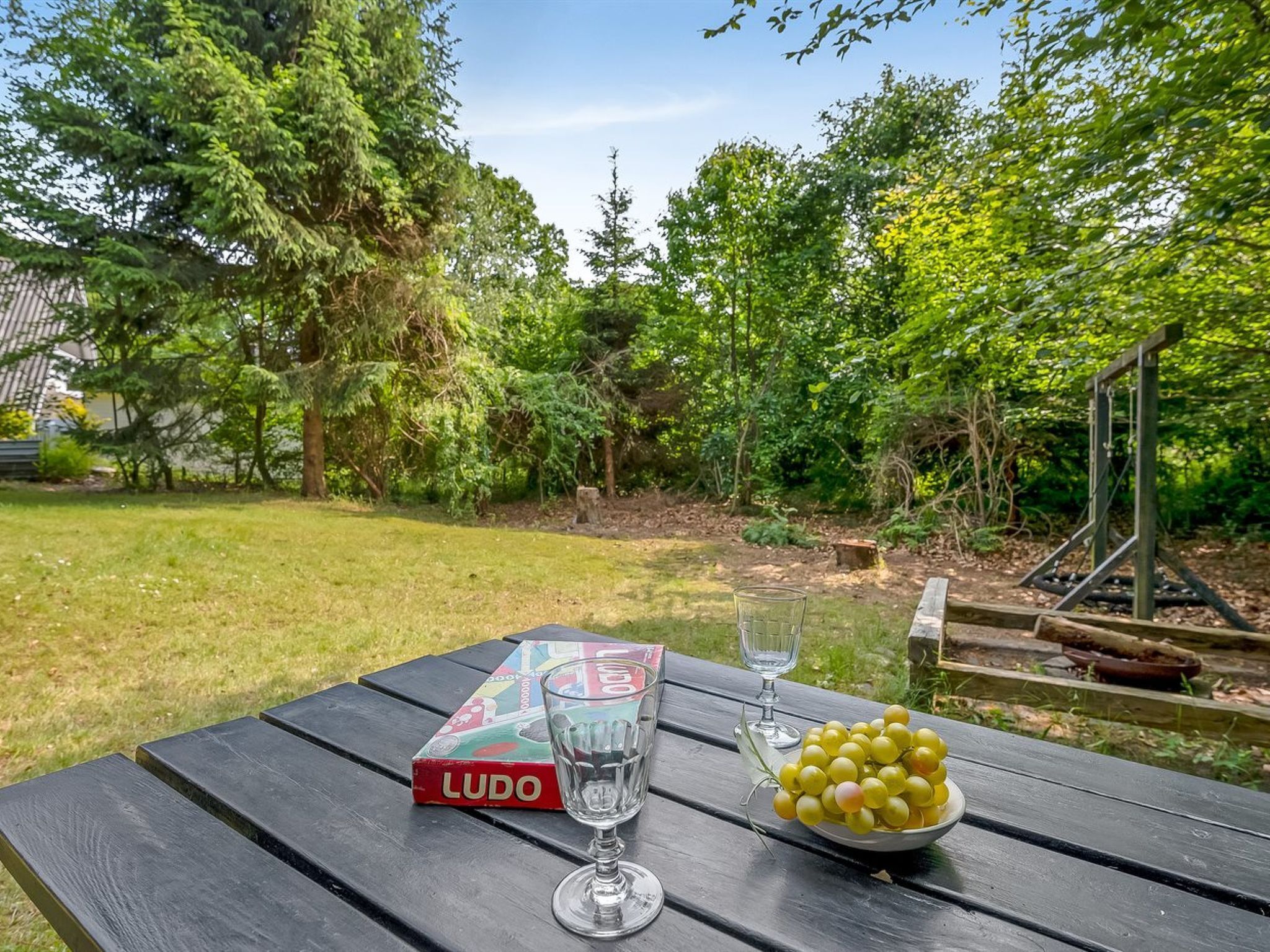 A picnic table with a box of Ludo, two wine glasses, and a bowl of yellow grapes.