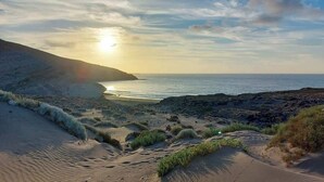 Un paisaje costero con dunas de arena y vegetación escasa.