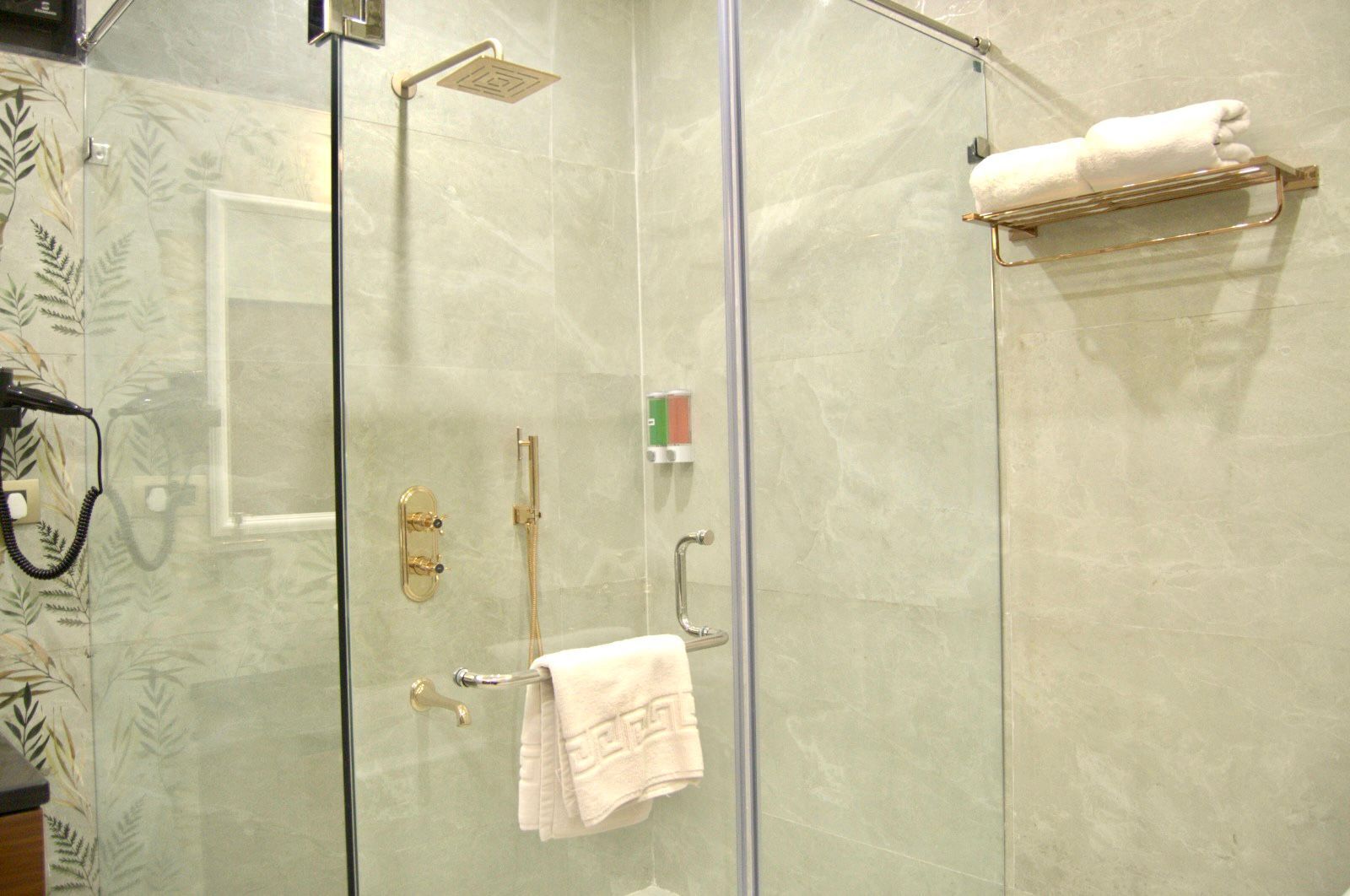 Ducha envuelta en cristal con toallero y puerta de vidrio.