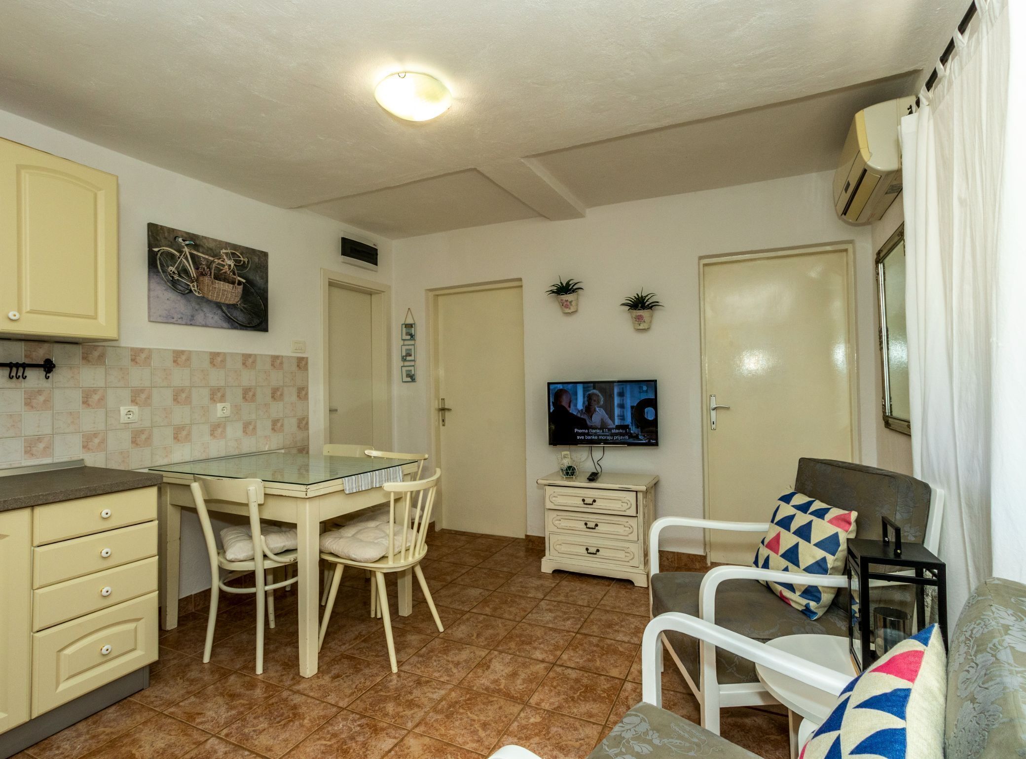 A compact living space with a kitchen, dining area, and a TV.