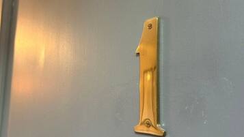A door with a brass number 1 handle.