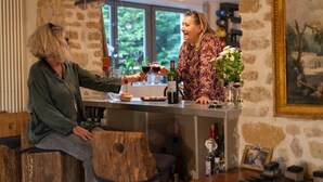 A rustic bar area with stone walls, a wooden bar counter, and a window providing a view of greenery outside. - La Rose du petit Bois (Saint-Didier-au-Mont-d'Or)