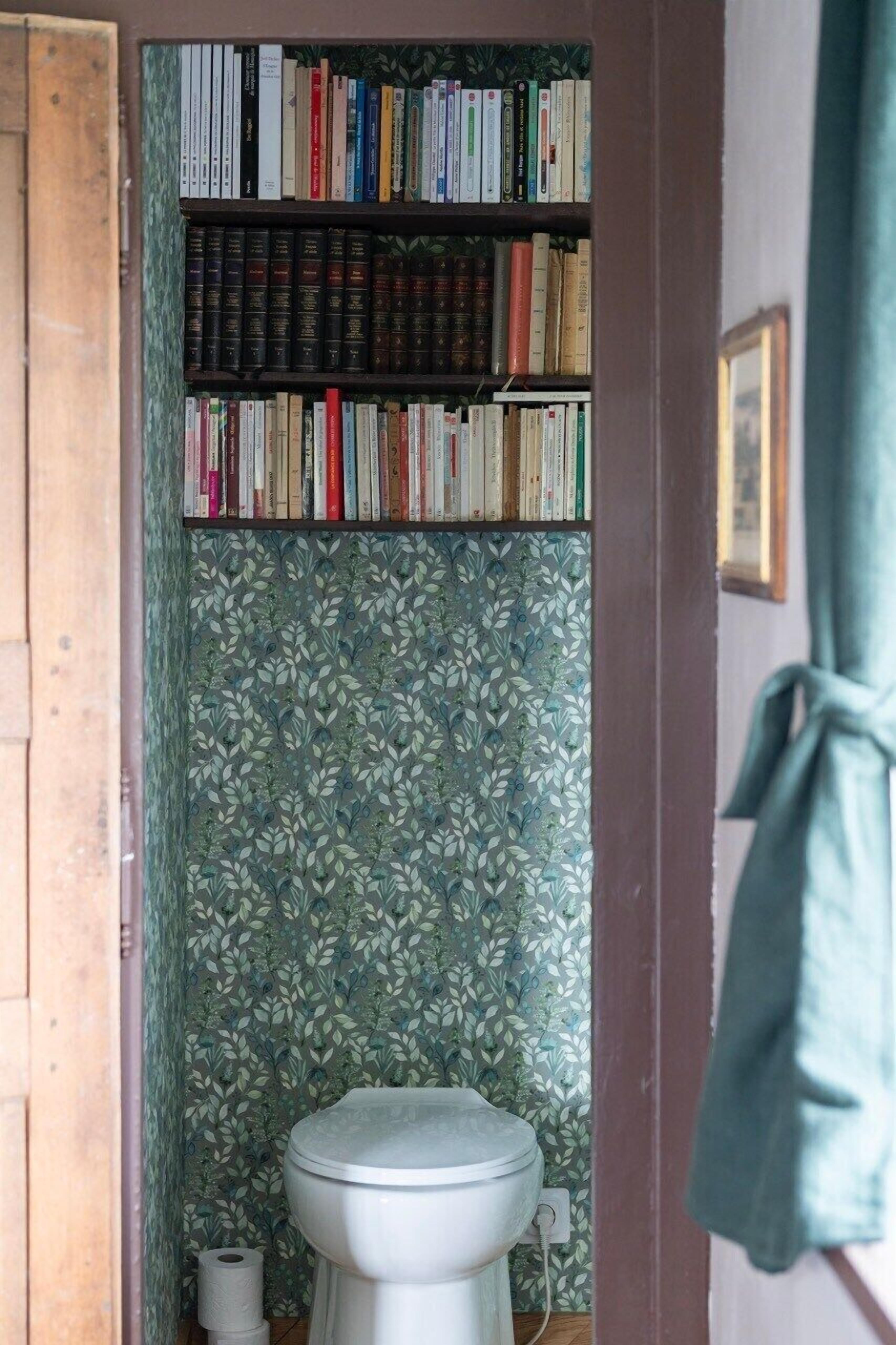 Een badkamer met een toilet, een boekenplank vol boeken en behang met een patroon.