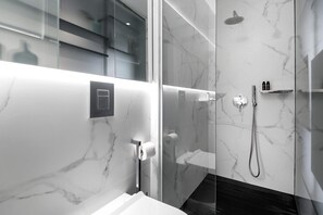 Shower, hair dryer, towels, shampoo