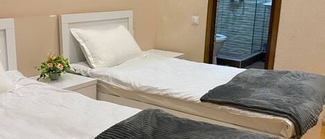A bedroom with two beds, a small bedside table with a plant, and a glass shower door.