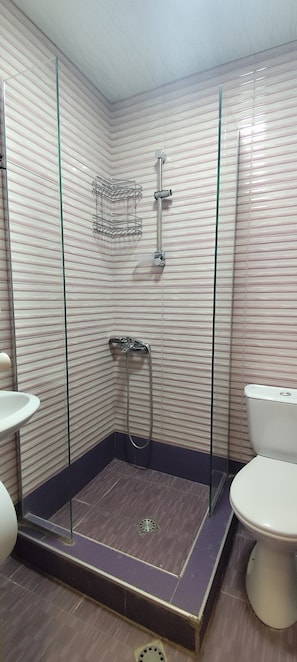 A small bathroom with a shower, toilet, and sink. - Cozy Rooms Tbilisi (Tbilisi)