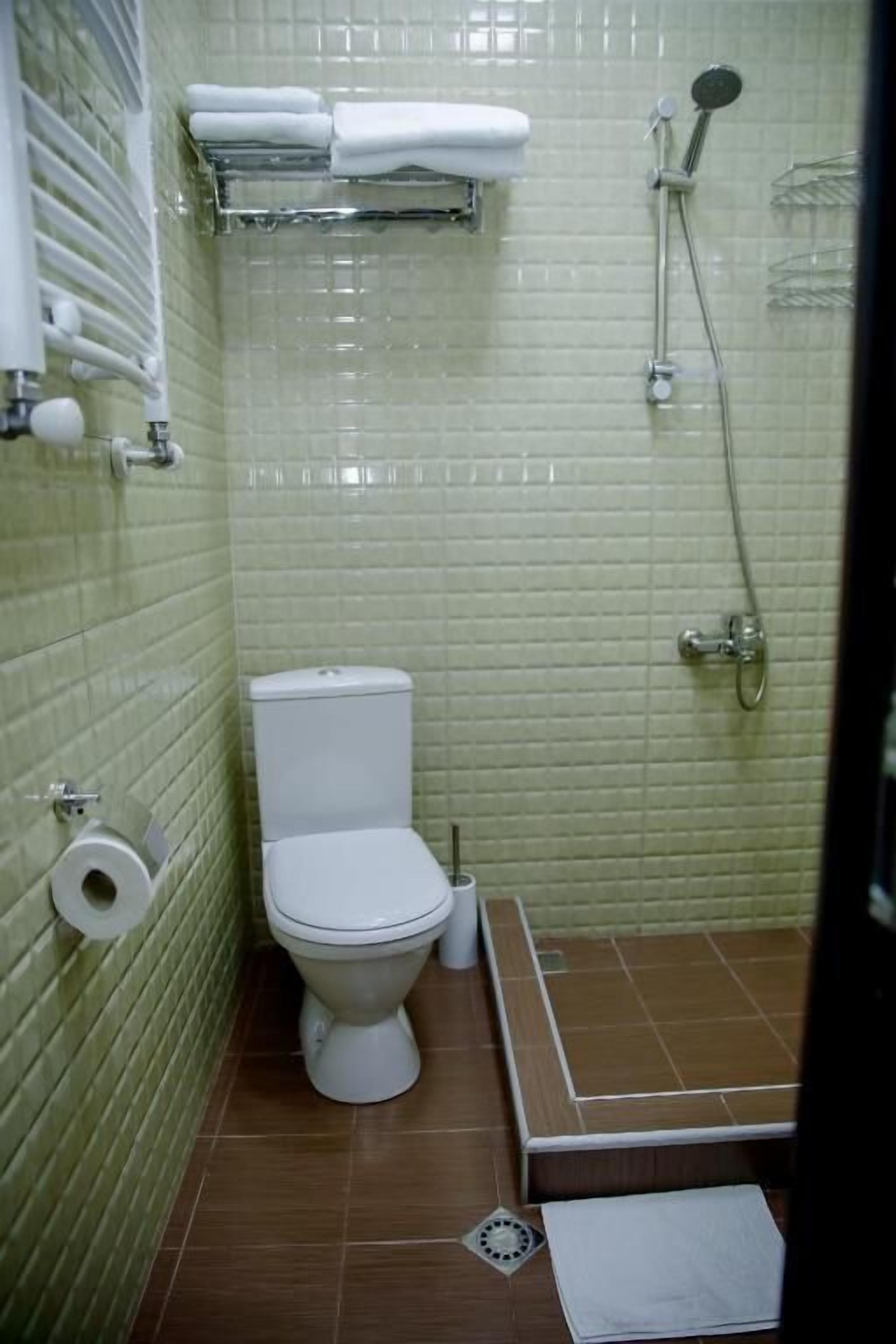 A small, tiled bathroom with a toilet, a shower, and a towel rack.
