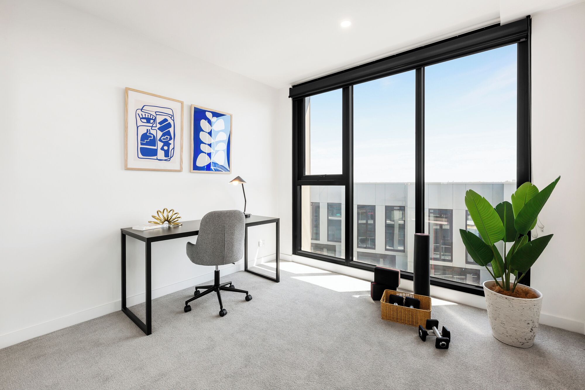 A modern office space with a desk, chair, large windows, and a potted plant.