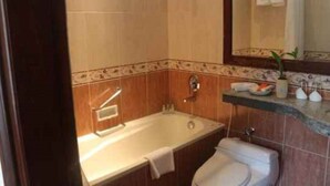 A bathroom with a bathtub, toilet, and a mirror above the sink. - Villa Grand Artos (Magelang)