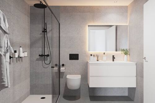Shower, rainfall showerhead, hair dryer, towels