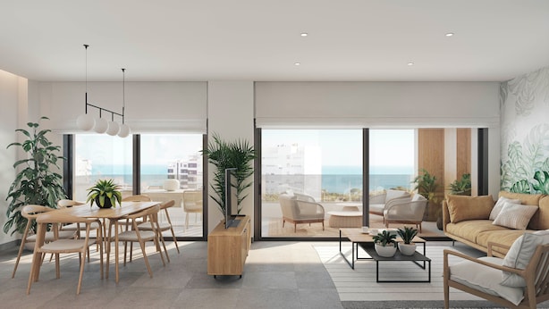 A modern living room with a dining area, large windows, and a view of the ocean. - Lucentina Line (Villajoyosa)