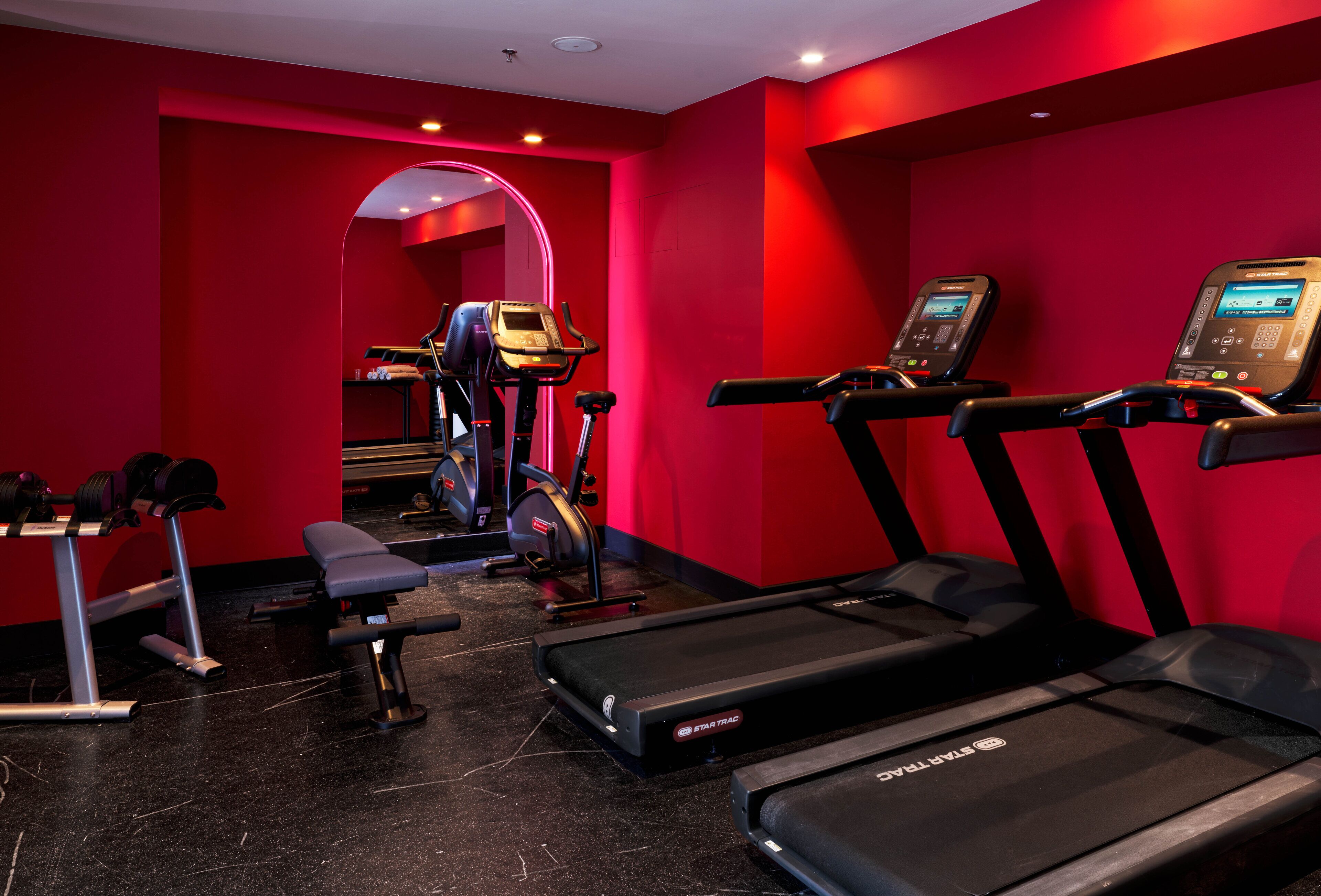 A gym with treadmills, a bench, and weight machines.