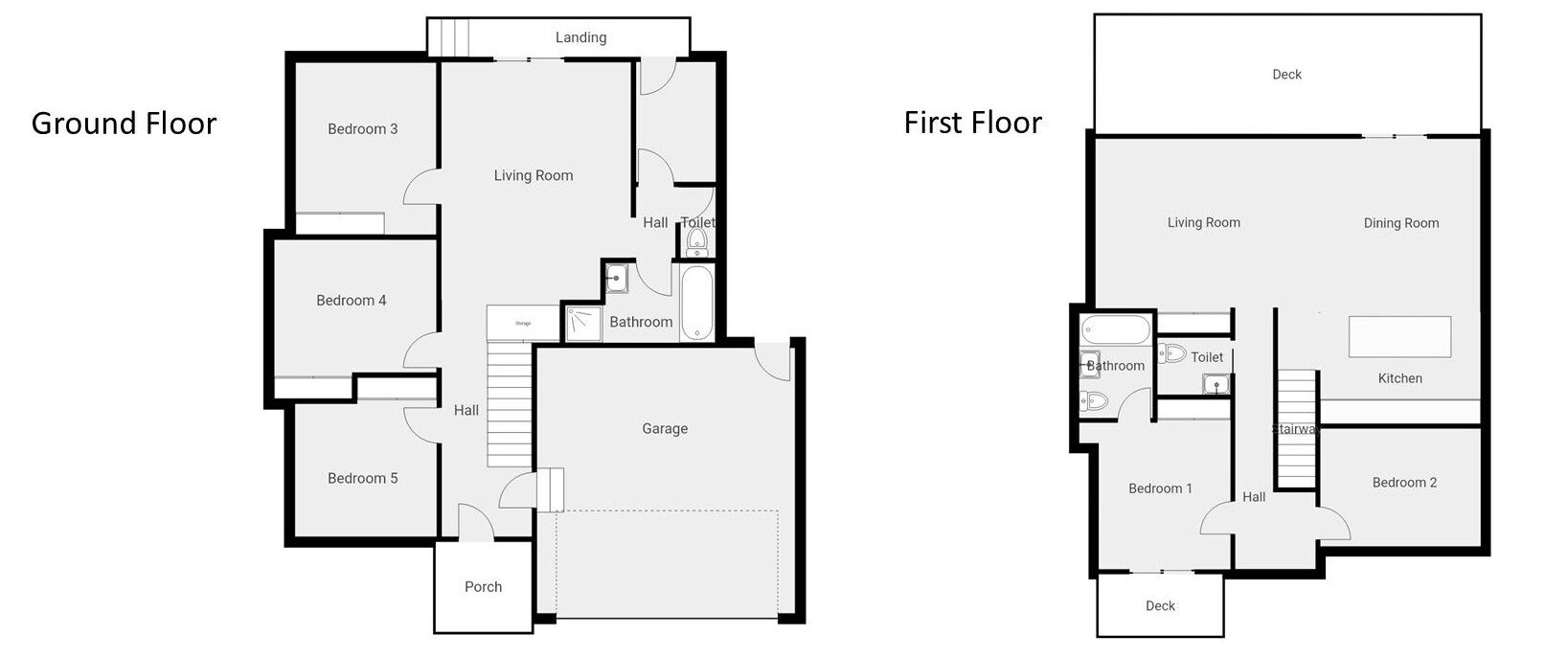 Grundriss eines Hauses mit zwei Etagen, Schlafzimmern, einem Wohnzimmer, einer Garage und einer Veranda.