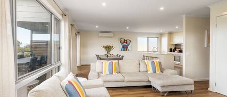 Télévision, cheminée, lecteur de DVD, livres