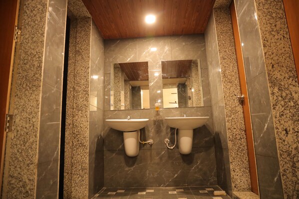 A bathroom with two sinks, a mirror, and a shower area. - Vintage Hills Resort (Ahmednagar)