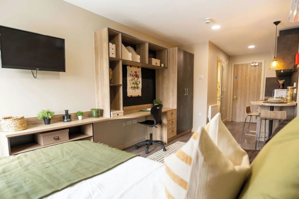 A modern bedroom with a bed, a desk, and a kitchenette.