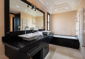 Hair dryer, bidet, towels, soap