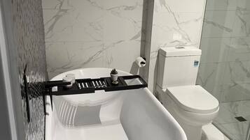 Hair dryer, towels, soap, toilet paper