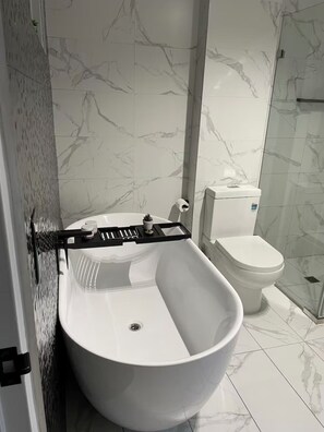 Hair dryer, towels, soap, toilet paper