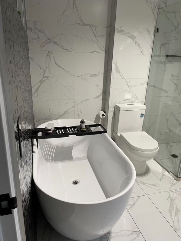 Hair dryer, towels, soap, toilet paper